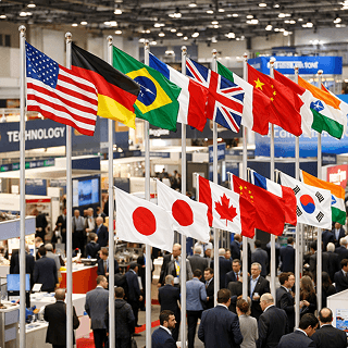 Area de expositores com estandes internacionais
